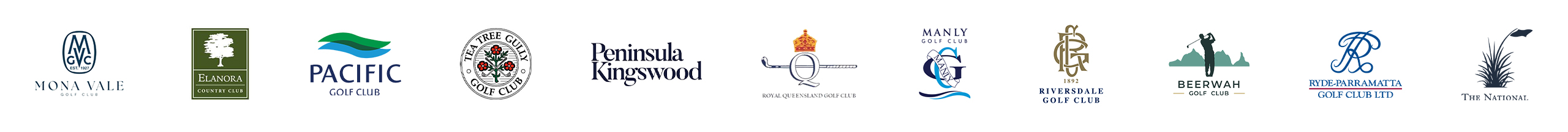 Row of golf club logos in a horizontal banner.