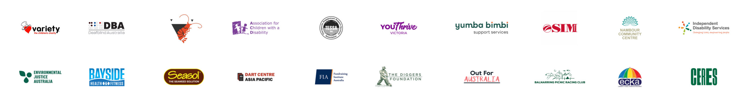Row of logos for Australian charities and community organizations (variety of groups shown).