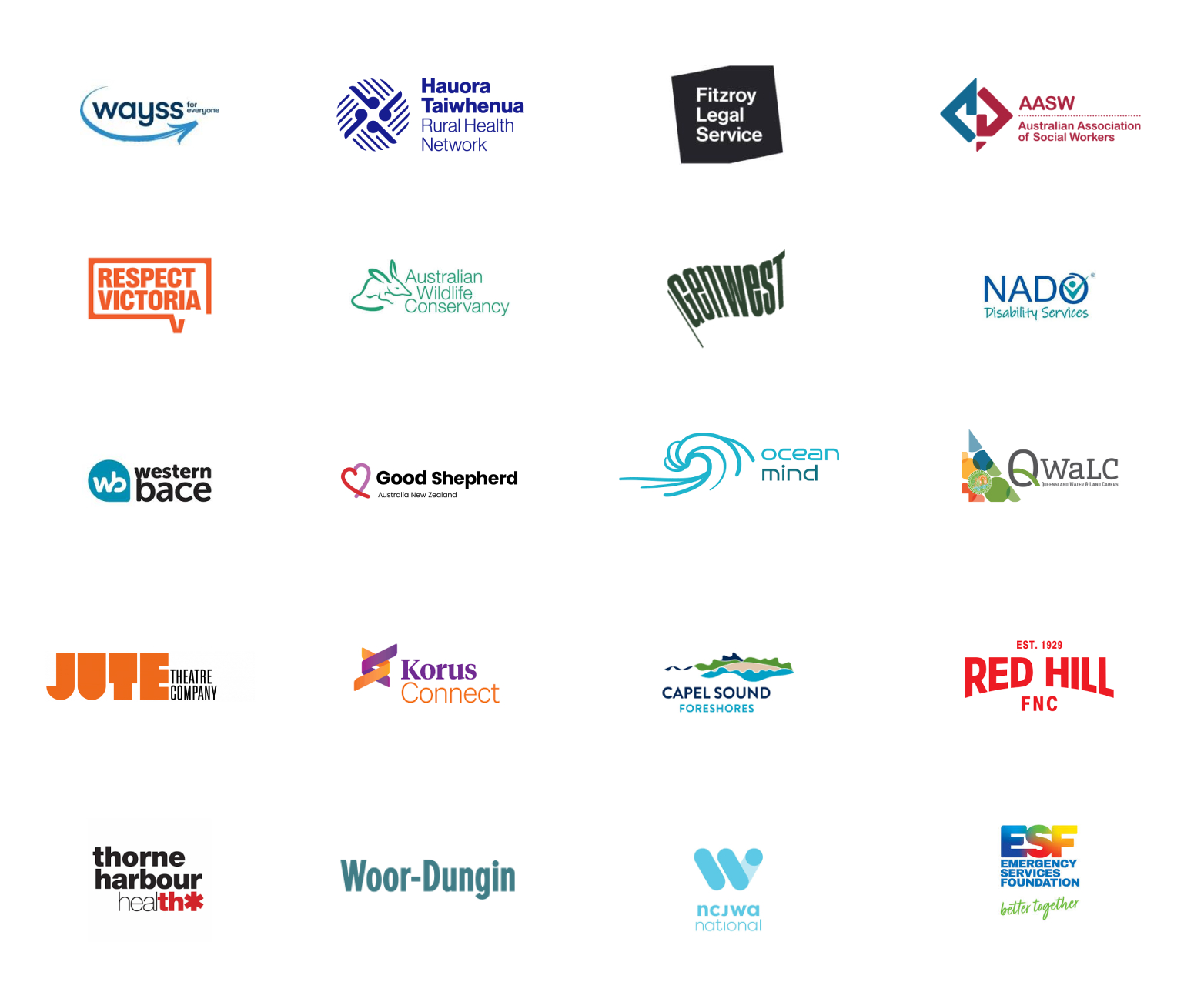 Collage of logos for various Australian community and nonprofit organizations arranged in a grid.