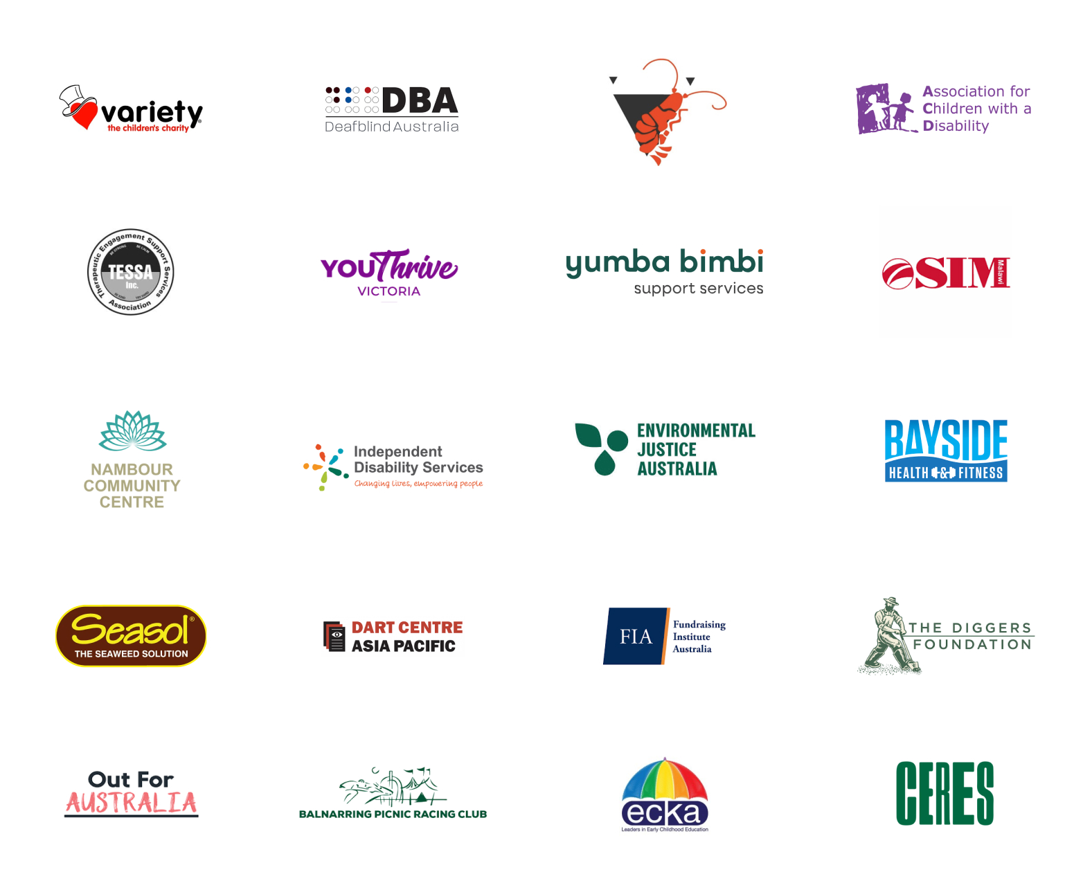 Grid of Australian charity and community organization logos on a white background.