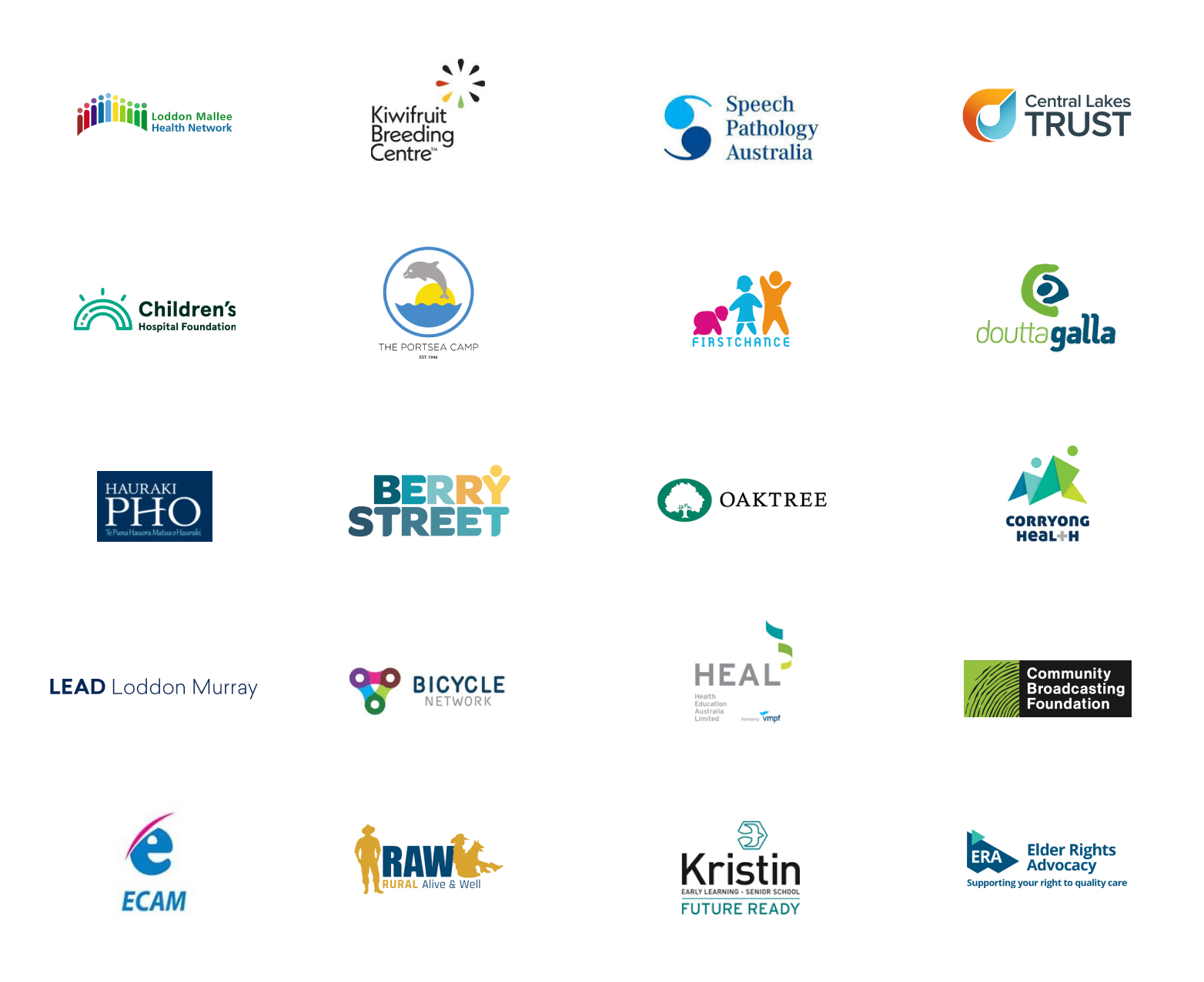 Grid of 20 organization logos from health, education, and community groups.